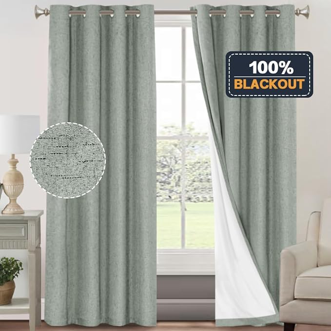 PrinceDeco Blackout Curtains for Bedroom 96 Inches Long Linen Look Curtains for Living Room Black Out Curtains Room Darkening Thermal Curtains with White Liner Backing for Nursery Decor,Green Bay