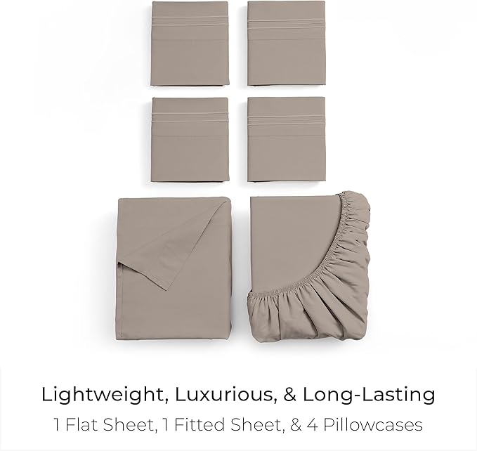 Mellanni Full Sheet Set - 6-Piece Iconic Collection Bedding, (Including 4 Pillowcases), 21-Inch Extra Deep Pocket, Easy Care, Ultra Soft, Cooling Sheets, Brushed Microfiber - Tan