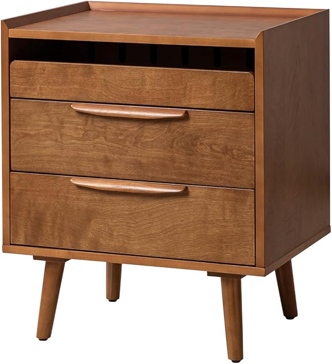 HULALA HOME 2 Drawer End Table with Pull-Out Shelf, Mid-Century Modern End Table with Wood Legs, Wood Side Table with Charging Station(Acorn)