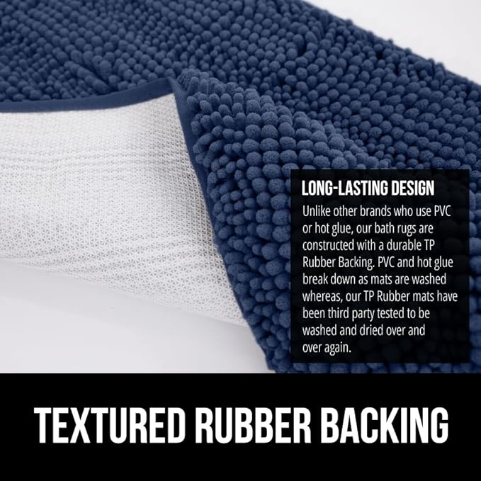 GORILLA GRIP Plush Absorbent Shaggy Chenille Bath Rug Mat for Square Toilet Base with Rubber Backing, Machine Washable Rugs, Soft Microfiber Contour Mats for Toilets, Bathroom Decor, Navy