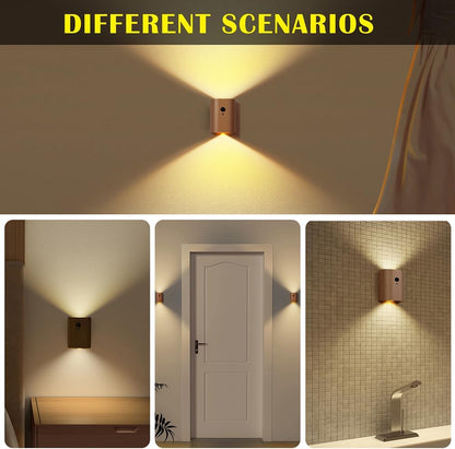 LANDGOO Wooden LED Step Lights Wall Lamp, 2700-3000K Motion Sensor Night Lights, Rechargeable Stair Lights for Hallway Indoor Lighting(White Ash Wood 2PCS)