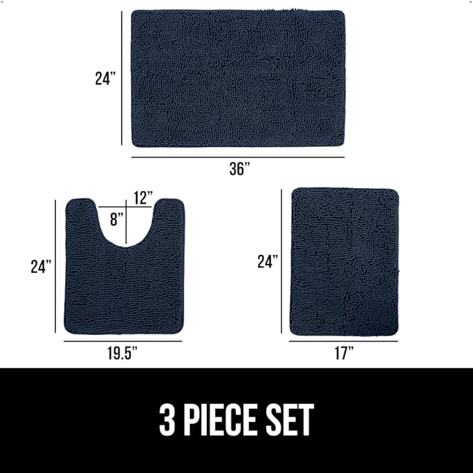GORILLA GRIP Bathroom Rug Sets 3 Piece, Bath Mat Set and Oval Toilet Base with Rubber Backing, Plush Absorbent Shaggy Chenille Washable Mats, Includes 24x19.5, 24x17 and 36x24 Inch Rugs, Navy