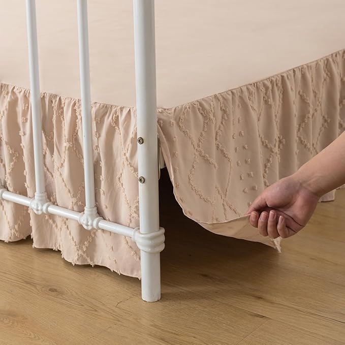 Bed Skirt Queen Size Ruffled Bed Skirt with Split Corners, 16 Inch Drop Dust Ruffle Bed Skirts with Platform, Boho Tufted Shabby Chic Queen Size Bed Skirts, Cream