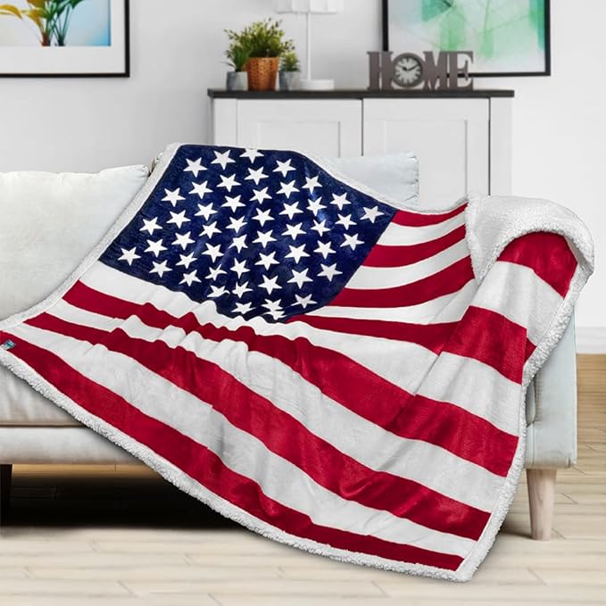 Pavilia Patriotic Blanket - American Flag Throw Blanket for Sofa Couch Bed, Soft Microfiber Sherpa Fleece Reversible, USA Military Veteran July 4th Gift - 50 x 60 Inches