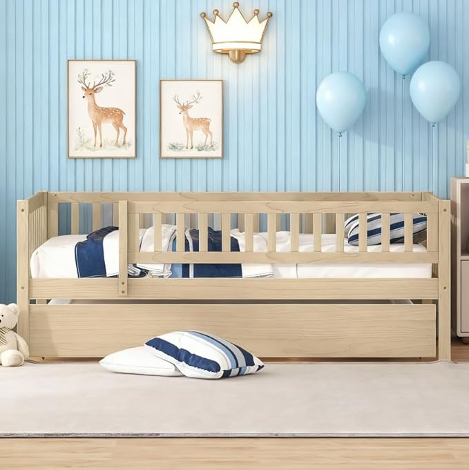 Bellemave Twin Bed Frames with Rails for Kids, Twin daybed Frame with Trundle for Boys/Girls/Adults， Natural