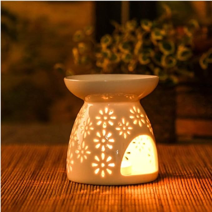 Ceramic Tea Light Holder, Aromatherapy Oil Burner, Wax Warmer, Tealight Holder with White Floral Pattern for Valentine's Day Gift