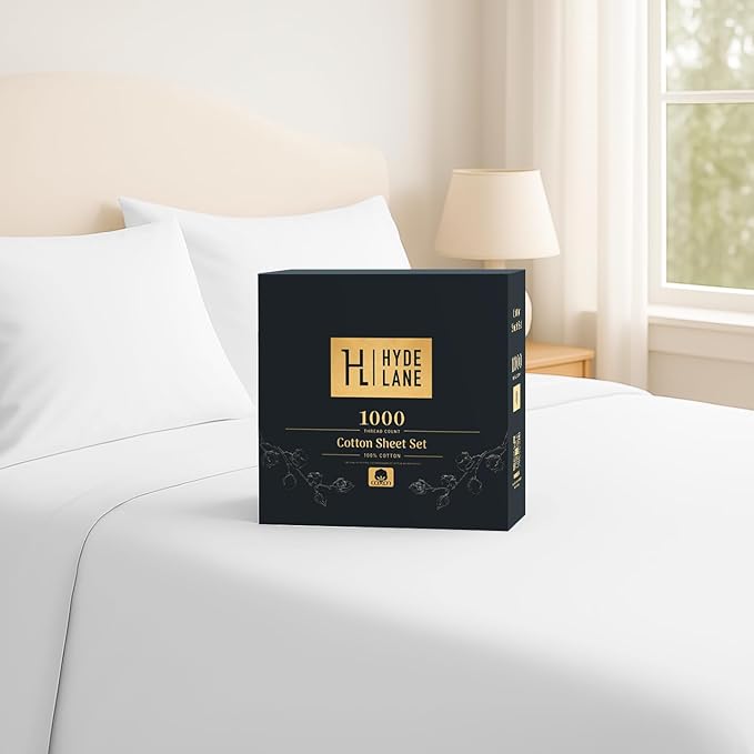 Hyde Lane Luxury 1000 Thread Count 100% Cotton Sheets | Very Soft & Thick - Fits Upto 20" Mattress | Sateen Weave Bed Sheets 18" Deep Pocket- 4 PC Sheet Set (Natural White, Queen)