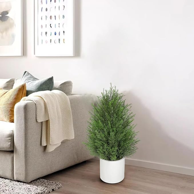 Briful 27” Artificial Cedar Topiary Tree in White Planter – Realistic Faux Evergreen Faux Floor Plant with Layered Leaves, Decorative Indoor Outdoor Potted Shrub for Home, Office, Patio, Porch