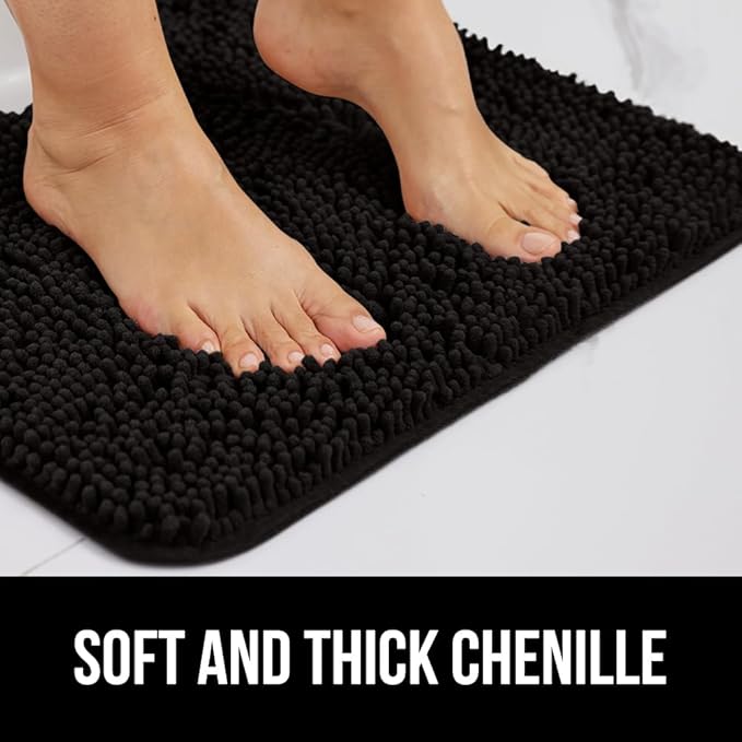 GORILLA GRIP Bathroom Rug Sets 3 Piece, Bath Mat Set and Oval Toilet Base with Rubber Backing, Plush Absorbent Shaggy Chenille Washable Mats, Includes 24x19.5, 24x17 and 30x20 Inch Rugs, Black