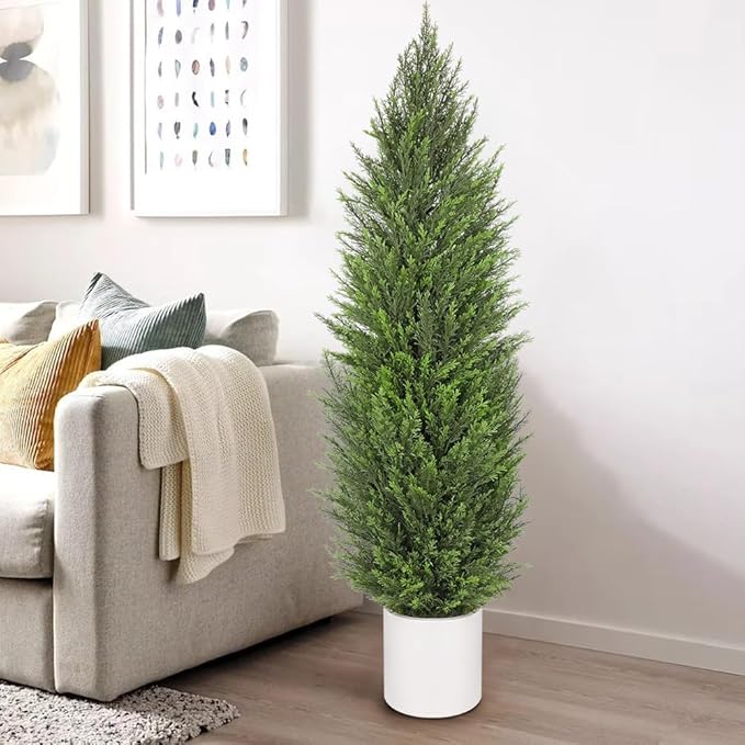 Briful 2PCS 5ft Artificial Cedar Topiary Trees in White Planter – Tall Faux Evergreen Potted Plants, Indoor Outdoor Fake Cypress Shrubs, Lifelike Fake Trees for Home, Office, Patio, Porch, Entryway