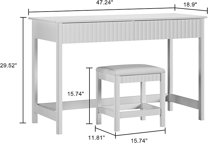 ChooChoo 47.2 Inch Modern Desk with Drawers, Makeup Vanity Desk with Padded Stool, Writing Computer Desk for Home Office & Bedroom, White