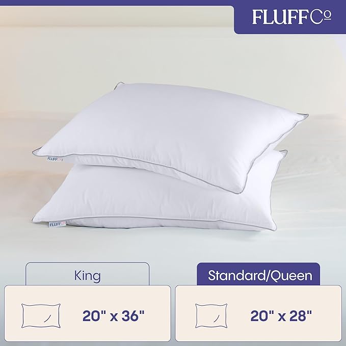 FluffCo Down Alternative Pillows Standard/Queen Size Set of 2 - Queen Bed Pillows for Sleeping - Made in USA - Cooling Surface and Machine Washable for Side, Back, and Stomach Sleepers