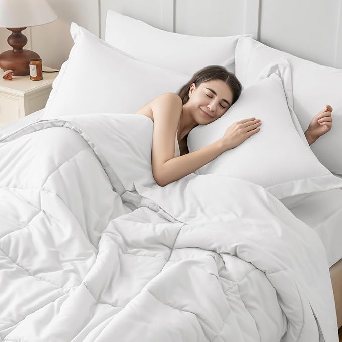 JOLLYVOGUE California King Comforter Set, Ultra-Soft Bed in a Bag Cal King Size 7 Pieces, Oeko-TEX Certified Bedding Set with Down Alternative Comforter, Sheets, Pillowcases & Shams, White