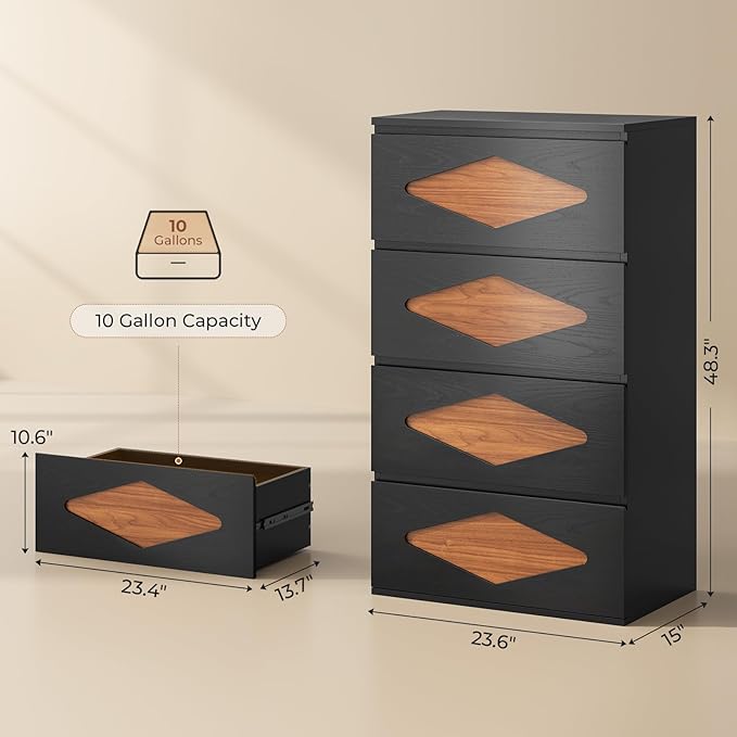 48.3'' Tall Dresser for Bedroom, 4 Chest of Wooden Deep Drawers, Vintage Dresser, Closet Storage Dressers Organizer for Bedroom, Living Room, Hallway (Black+Brown)