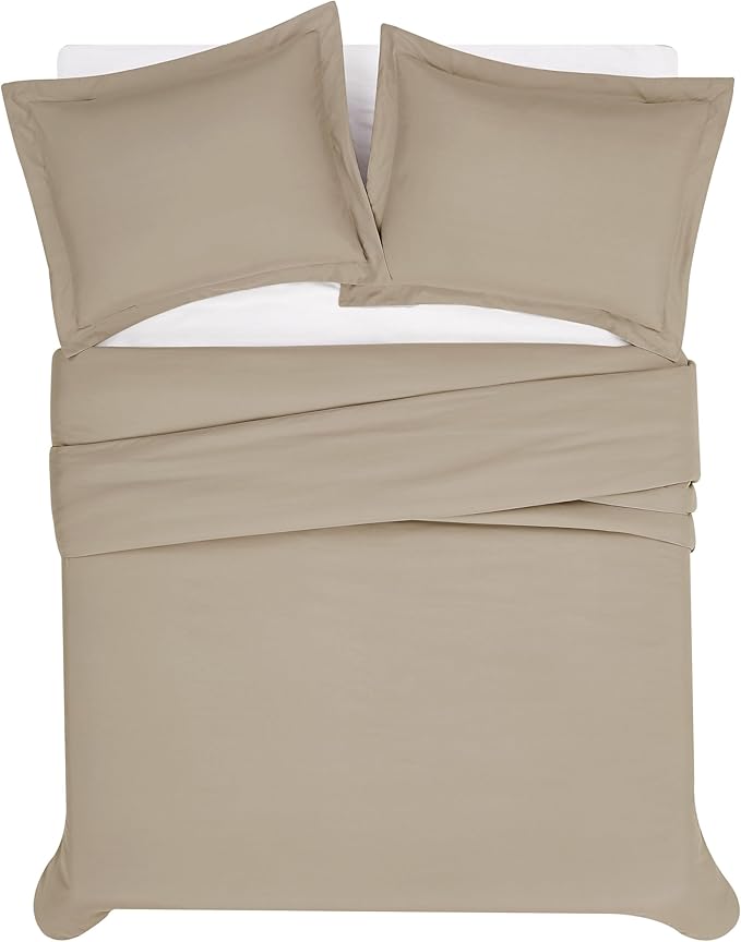 London Fog Garment Washed Solid Duvet Set Khaki Microfiber 3-Piece Full/Queen Duvet Set, Solid Themed, Adult and Teen, Oeko-TEX Certified