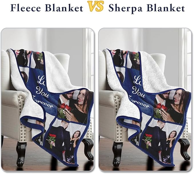 Custom Sherpa Fleece Blanket with Photos and Text - Soft Warm Fuzzy Personalized Couples Gift for Boyfriend Girlfriend - Customized Picture Blanket for Birthday Anniversary Christmas