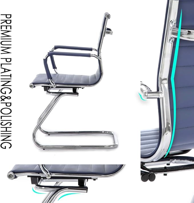 Wahson Office Guest Chairs Set of 2, Leather Reception Chairs, Mid Back Waiting Room Chair, Conference Chairs with Sled Base, Desk Chair No Wheels for Meeting/Lobby/Restroom, Navy Blue