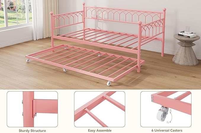 GarveeHome Twin Size Daybed with Charging Station and LED Lights, Metal Bed Frame with Trundle, Sofa Beds Frame with Steel Slat Support for Living Room, Guest Room, Apartment, Small Spaces, Pink