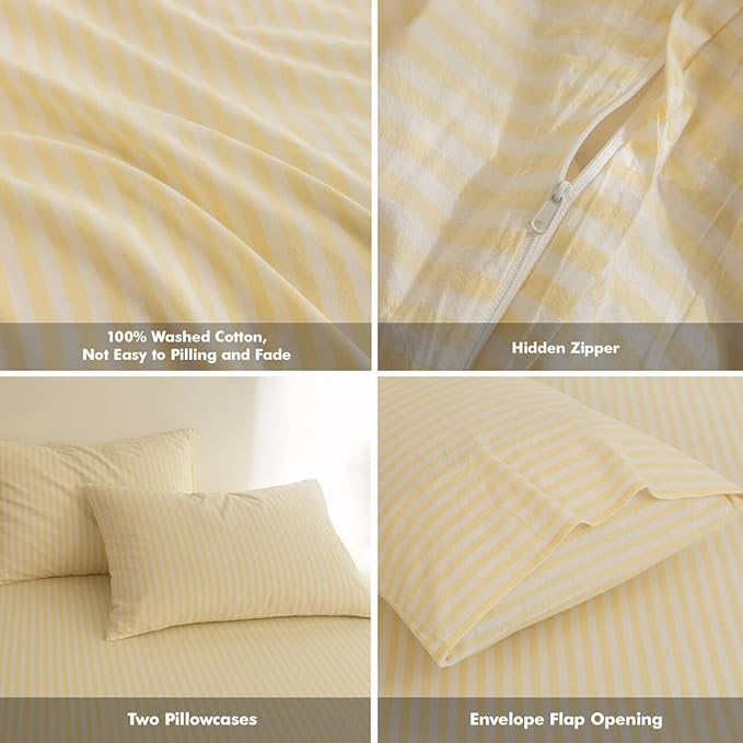 FOSSA Striped Duvet Cover Set 100% Washed Cotton Linen Feel Super Soft Breathable Cozy 3 Pieces Bedding Sets Pastel Yellow Classic Stripes Queen