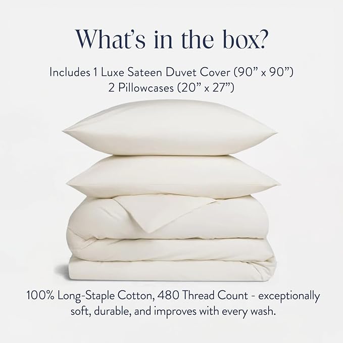 Brooklinen Luxury Sateen Duvet Cover Set - 100% Cotton, Full/Queen Size in Cream - Includes 1 Duvet Cover and 2 Standard Pillowcases - Best Full/Queen Duvet Covers