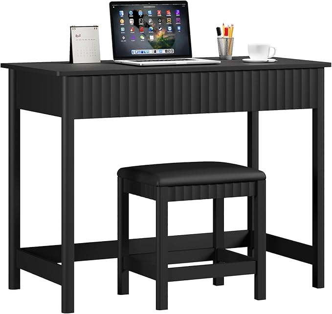 ChooChoo 40 Inch Modern Desk with Drawers, Makeup Vanity Desk with Padded Stool, Small Home Office Desk for Bedroom, Black