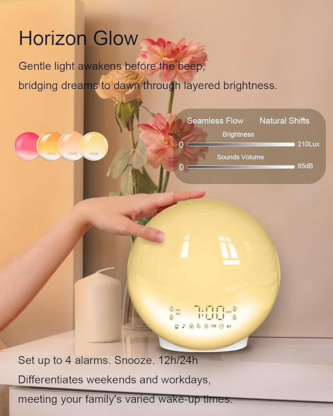 Smart Sunrise Alarm Clock with No Signup APP Control & Wake-Up Light, 4 Alarms, White Noise, FM Radio, Wireless Speaker, White
