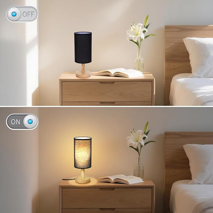 Black Small Bedside Table Lamp for Bedroom,Natural Round Wood Base&Fabric Linen Shade,Cozy Night Table Light for Study Reading,Minimalist Boho Desk Lamp for Nightstand,Living Room,Nursery,Kitchen,Dorm