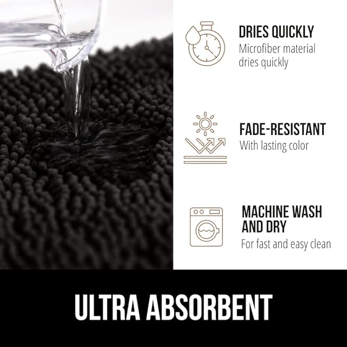 GORILLA GRIP Bath Rug Mat 48x24, Thick Soft Absorbent Chenille, Quick Dry Microfiber Mats, Rubber Backing Washable Shower Floor Rugs, Bathmat Runner, US Designed Bathroom Home Decor Accessories Black
