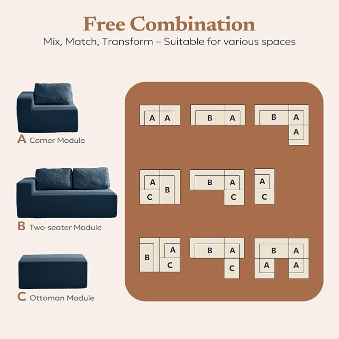 106" Modular Sectional Couch Left/Right Facing Convertible, L-Shape Modern Teddy Sofa, Deep Seat Upholstered Foam Couch for Living Room Bedroom, No Assembly Required (Blue, Teddy Boucle)