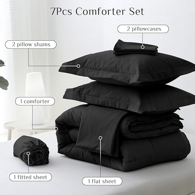 JOLLYVOGUE California King Comforter Set, Ultra-Soft Bed in a Bag Cal King Size 7 Pieces, Oeko-TEX Certified Bedding Set with Down Alternative Comforter, Sheets, Pillowcases & Shams, Black