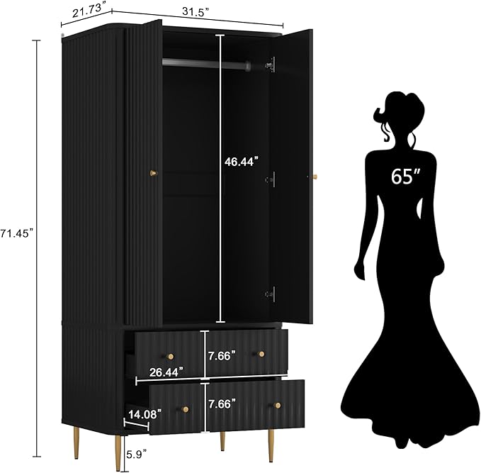 HLR 72" Modern Armoire Wardrobe Closet with Doors and Drawers, Bedroom Armoire Cabinet with Hanging Rod, Wooden Clothing Storage Cabinet Set of 2,Black