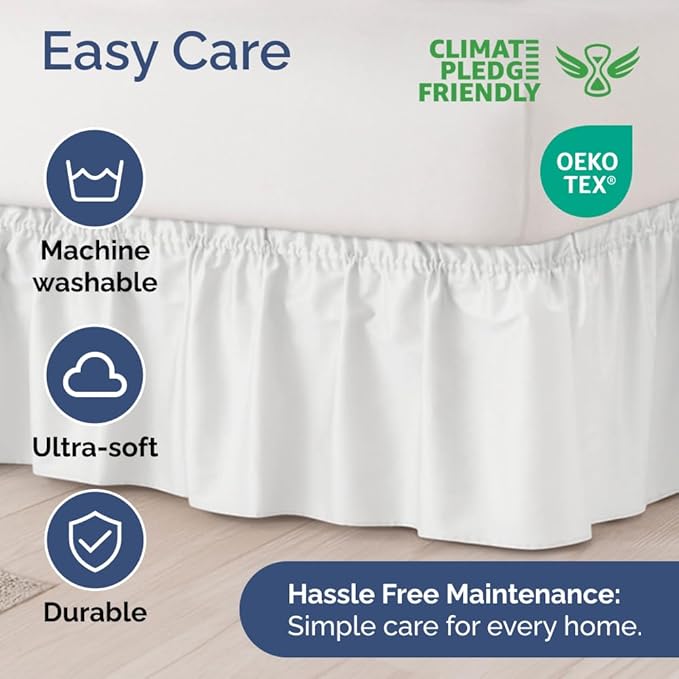 Wrap Around Dust Ruffle Bed Skirt - White - for Twin Size Beds w/ 14 Inch Drop - Easy Fit Elastic Strap - Adjustable Pleated Bedskirt w/Brushed Fabric, Wrinkle & Fade Free Women, Men, Kids & Teens