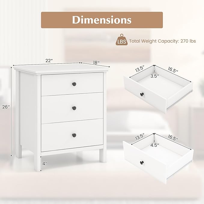 Giantex Nightstand with 3 Drawers, Wooden Side End Table with Solid Wood Legs, Retro 3-Drawer Bedside Table Night Stand for Bedroom Home Office Small Space, Easy Assembly, White