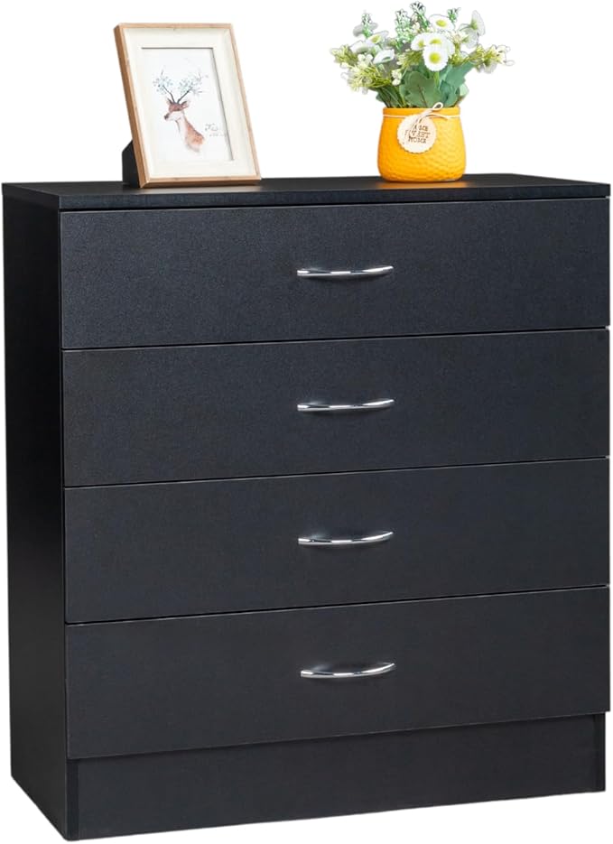 Karl home Black 4 Drawer Dresser for Bedroom, Modern Nightstand Storage Chest of Drawer, Wooden Side Table End Table, Living Room, Reception Room