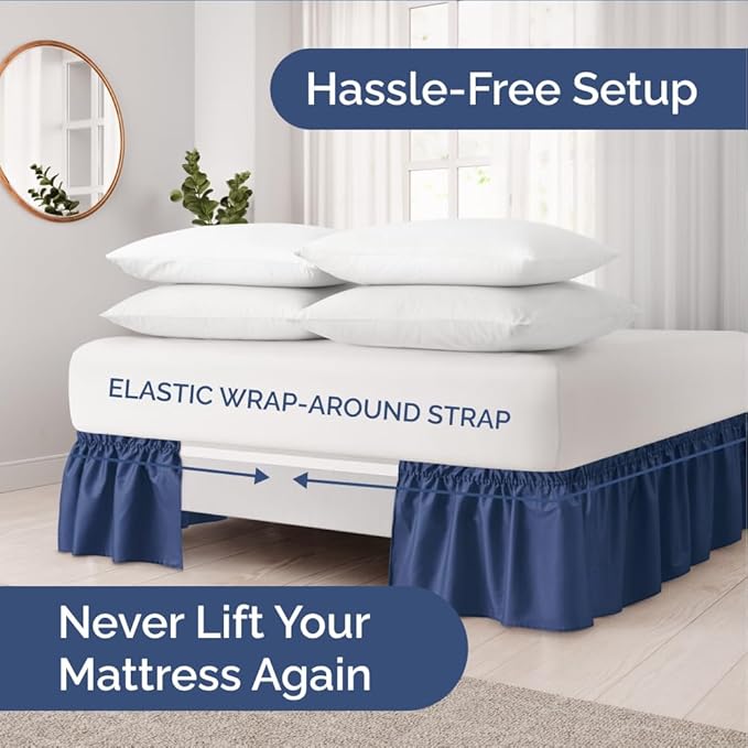 Wrap Around Dust Ruffle Bed Skirt - Navy Blue - for King Size Beds w/ 16 Inch Drop - Easy Fit Elastic Strap - Adjustable Pleated Bedskirt with Brushed Fabric, Wrinkle Free Women, Men, Kids and Teens