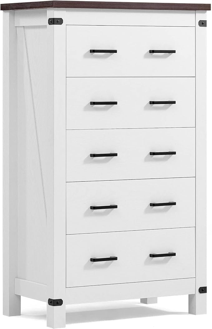 LINSY HOME Farmhouse 5 Drawer Dresser for Bedroom, 46” Tall Rustic Wood Chest with Deep Drawers, Modern Dressers with Spacious Storage and Metal Handles for Closet, Living Room, Hallway, Off White