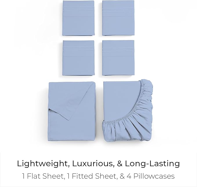 Mellanni Full Sheet Set - 6-Piece Iconic Collection Bedding, (Including 4 Pillowcases), 21-Inch Extra Deep Pocket, Easy Care, Ultra Soft, Cooling Sheets, Brushed Microfiber - Sky Blue