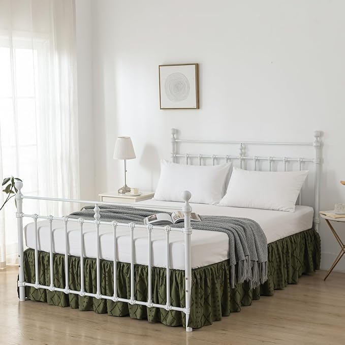 Bed Skirt Full Size Ruffled Bed Skirt with Split Corners, 14 Inch Drop Dust Ruffle Bed Skirts with Platform, Boho Tufted Shabby Chic Full Size Bed Skirts, Olive Green