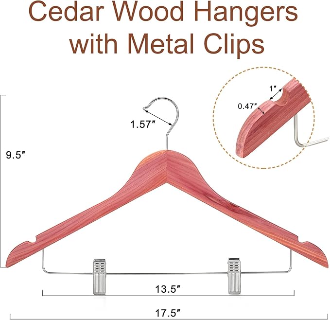TOPIA HANGER American Red Cedar Wooden Hangers with Adjustable Metal Clips and 360° Swivel Hook, Premium Wood Clothes Hangers 20 Pack for Suit, Pant, Skirt, Jeans, Coat, Jacket-CT28C20