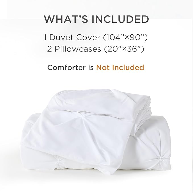 Litanika White King Pinch Pleat Duvet Cover, 3 Pieces Pintuck Cover Soft Microfiber Bedding Set with Zipper Closure & Corner Ties(104x90Inch-1 Duvet Cover, 2 Pillowcases)