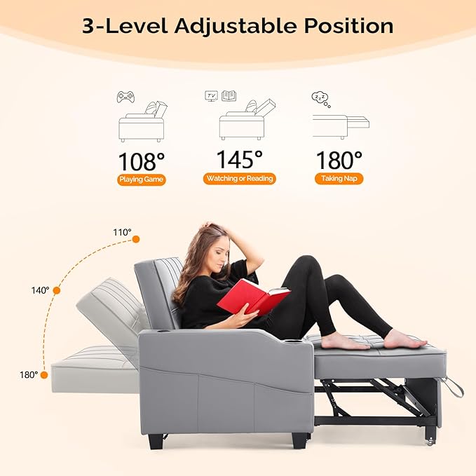 VINGLI Convertible Loveseat Sleeper, Light Grey Faux Leather Futon Sofa Bed Pullout Couch Bed with USB Ports, Cup Holders, Armrest for Living Room, Bedroom, Home Office Apartment