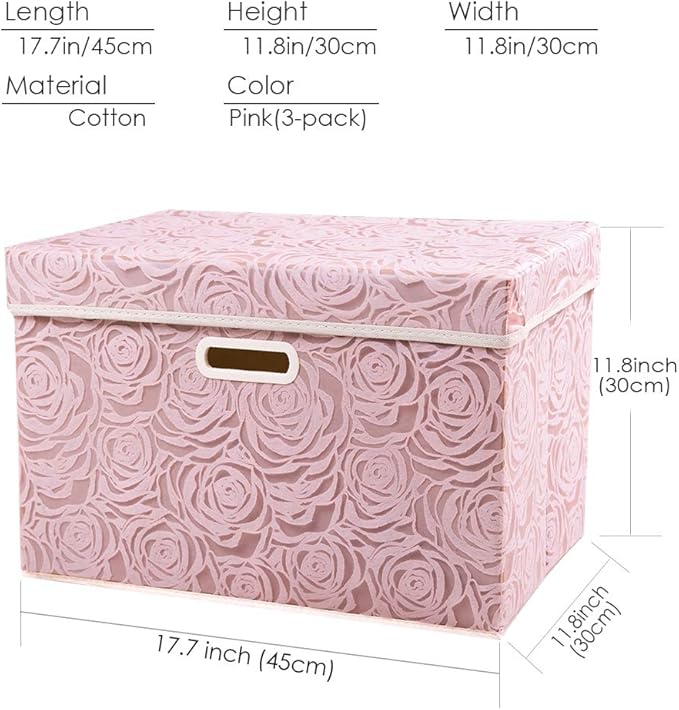 PRANDOM Larger Collapsible Storage Boxes with Lids Fabric Decorative Bins Cubes Organizer Containers Baskets Handles Divider for Bedroom Closet Living Room Pink 17.7x11.8x11.8 Inch 3 Pack