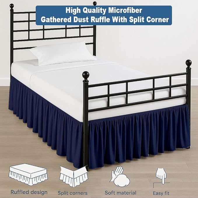 Ruffled Bed Skirt Split Corners with Platform, Tailored Fit Hotel Quality Wrinkle Free Ultra-Soft Microfiber Dust Ruffle, Upto 21 Inch Drop, Twin XL, Navy Blue