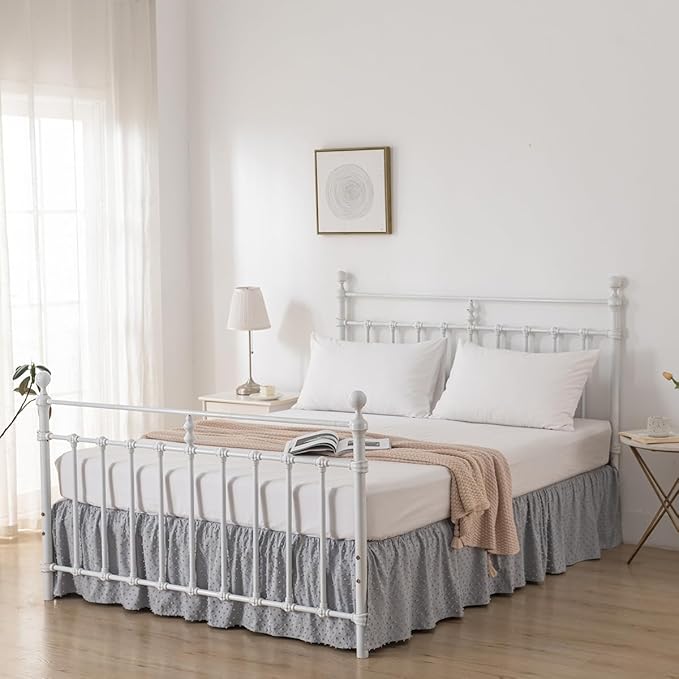 Tufted Dot Bed Skirt King Size Ruffled Bed Skirt with Split Corners, 14 Inch Drop Dust Ruffle Bed Skirts with Platform, Light Grey