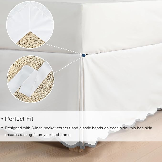 HIG Off White Chic Queen Bed Skirt - Easy Fit Scallop Edge Pleated Bedskirts, 14 Inch Drop Anti-Slip Dust Ruffle, Thick Fabric for Enhanced Privacy, Pre-Washed for Long-Lasting Use(N60022)