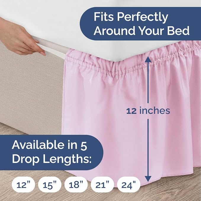 Wrap Around Dust Ruffle Bed Skirt - Light Pink - for Queen Size Beds with 12 Inch Drop - Elastic Strap - Adjustable Pleated Bedskirt with Brushed Fabric and Wrinkle Free - For Women, Men, Kids & Teens