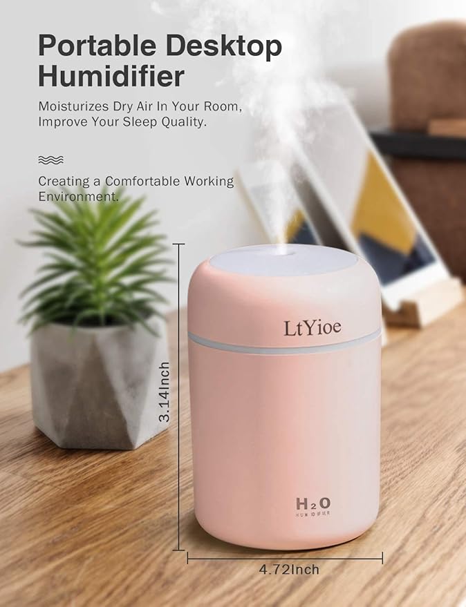 Colorful Cool Mini Humidifier, USB Personal Desktop Humidifier for Car, Office Room, Bedroom,etc. Auto Shut-Off, 2 Mist Modes, Super Quiet. (Pink)