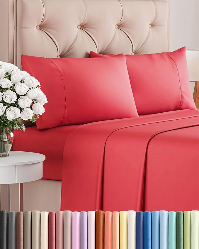 Twin XL 4 Piece Sheet Set - Cooling, Comfy & Breathable - Hotel Luxury Bedding, Includes Fitted Sheet for Women, Men, Kids and Teens - 1 Flat, 1 Fitted Sheet, 2 Pillowcases with Deep Pockets - Red