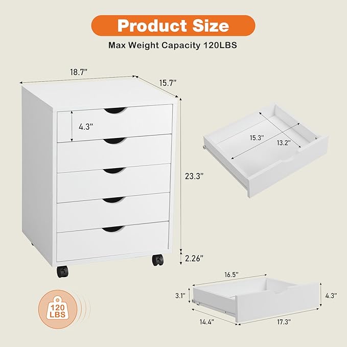 5 Drawer Chest, Storage Cabinet Dressers with Wheels, Dressers Storage Cabinets, Dresser Mobile Cabinet with Wheels, Room Organizer, Drawers Wood Organization Furniture for Office, Home, White