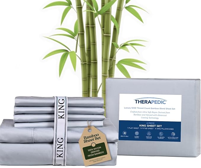 Therapedic 1000TC King 6-Piece Sheet Set - 100% Organic Rayon Derived from Bamboo Blend with Cooling Fiber, Ideal for Hot Sleepers - 16" Deep Pocket Fitted Sheet, Bonus Pillowcases - Light Blue